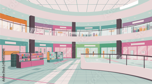Clean modern illustration of a colorful multi-level shopping mall interior with curved atrium, glass railings, retail kiosks, and reflective floors.