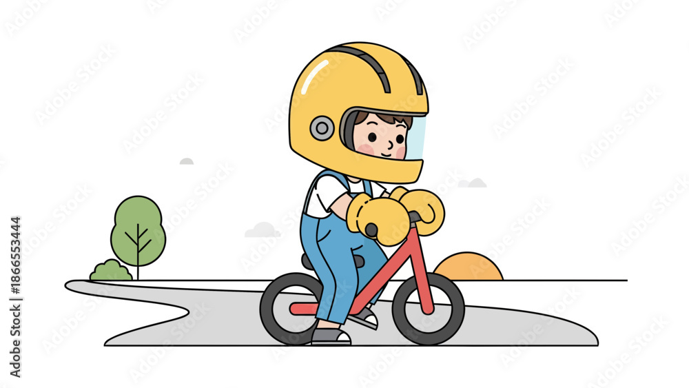 Naklejka premium Cheerful Kid Learning To Ride First Bike In Outdoor Minimalist Landscape