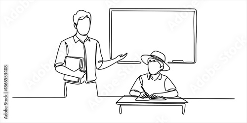 Continuous line drawing of a teacher explaining a lesson to a student in a classroom Vector, illustration