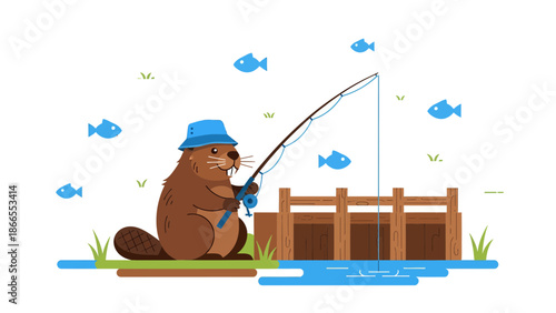 Cartoonish Beaver Enjoying a Day of Fishing Illustration With Wooden Dam