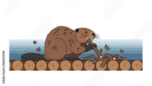 Cartoonish Beaver Gnawing Wood Constructing A Dam In A Lake