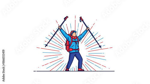 Cheerful Hiker With Backpack And Trekking Poles Celebrates Success In The Outdoors