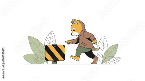 Cartoonish Fox Character Investigating a Warning Sign Amidst Nature