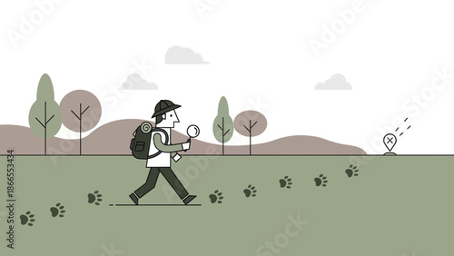 Cartoonish Explorer Following Animal Tracks Towards Location Pin In Nature Scene