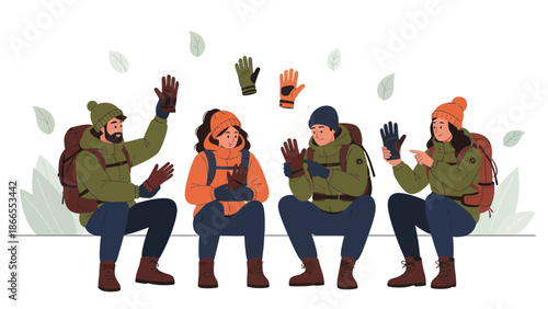 Cheerful Hikers Getting Ready Putting On Their Warm Gloves Before A Hike