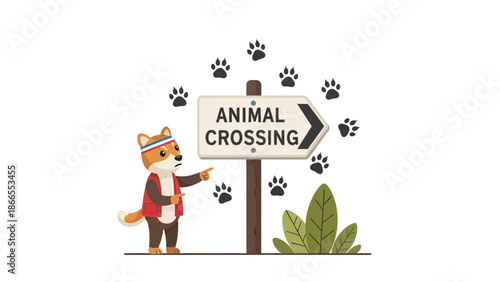 Cartoonish Fox Directing Towards An Animal Crossing Sign With Paw Prints