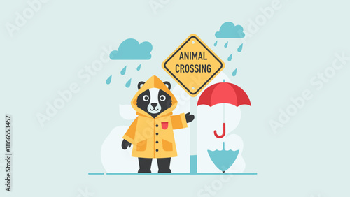 Cartoonish Illustration Of A Badger Wearing A Raincoat Near Animal Crossing Sign