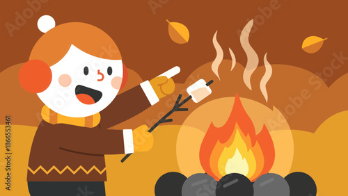 Cartoonish Illustration Of A Person Roasting Marshmallow By A Campfire In Autumn