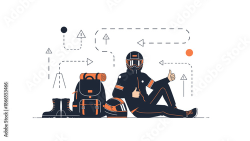 Cheerful Motorcycle Adventurer Ready For Adventure With Route Planning Graphics