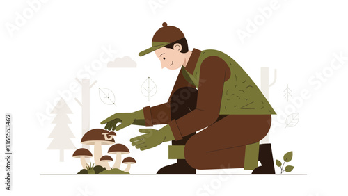 Cartoonish Man Picking Wild Mushrooms In Forest Autumn Scene Graphic