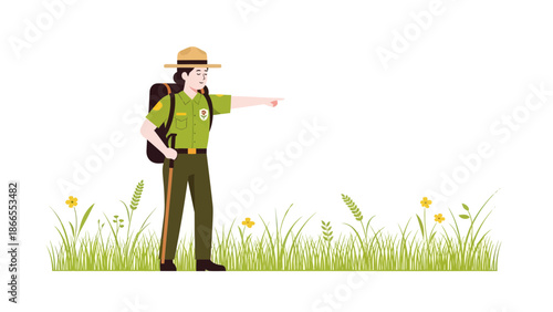 Cheerful Park Ranger Giving Directions Amidst Blooming Meadow Illustration