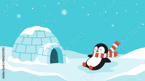 Cheerful Penguin Relaxing In Winter Wonderland With Igloo And Falling Snowflakes