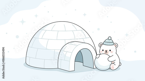 Cartoonish Polar Bear Preparing A Snowball Beside An Igloo In Winter