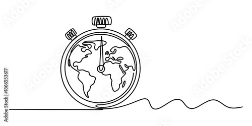 Continuous line drawing of a stopwatch with a world map inside symbolizing global time Vector, illustration