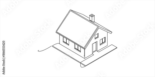 Simple line drawing of a detached house with a pitched roof and chimney Vector, illustration
