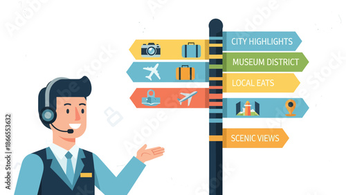 Cheerful Travel Agent Providing Touristic Information And Destination Ideas Graphics