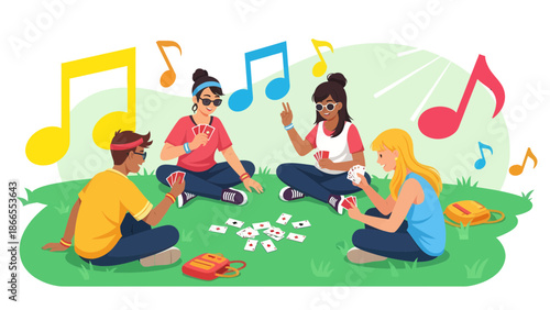 Cheerful Teenagers Enjoying Card Game Together Outdoors On Musical Green Lawn