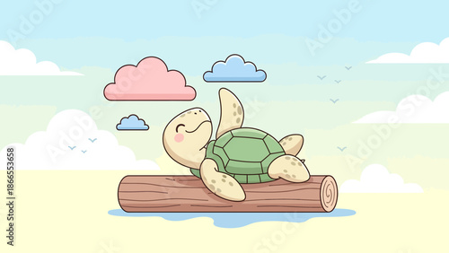 Cheerful Turtle Floating On A Log Cartoon Illustration For Children Content