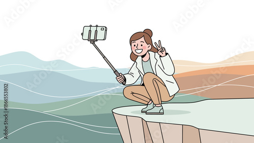 Cheerful Woman Capturing Pictures With A Selfie Stick On Cliff Edge