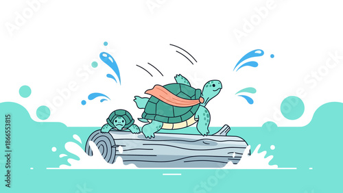 Champion Turtle Leaps Ahead While Second Turtle Lags Behind On A Log