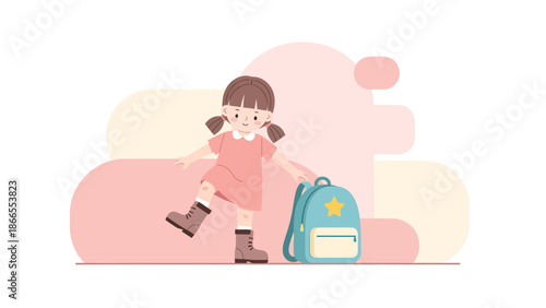Cheerful Young Girl Ready For Kindergarten With Her Backpack Illustration