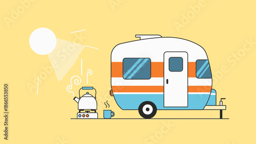 Charming Campervan Scene With Refreshments On A Sunny Background Vector Illustration