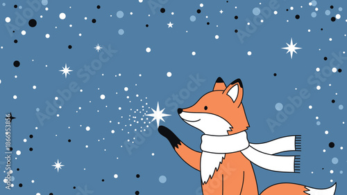 Charming Fox Gazing At Sparkling Star During Winter Season Illustration