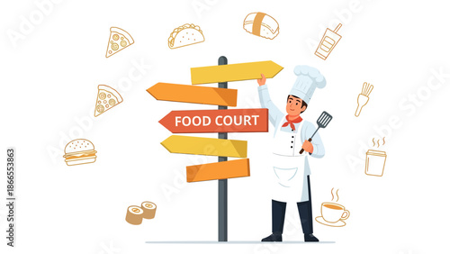 Chef Near The Food Court Signboard With Several Fast Food Icons Around It