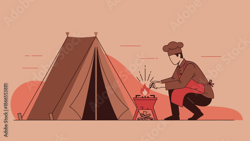 Chef Preparing Meal On A Grill Near Tent In The Wilderness Concept Art