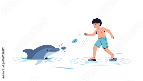 Child Playing With A Dolphin In Water A Wholesome Beach Vacation Activity