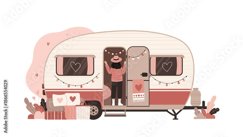 Charming Valentine Getaway Featuring Retro Caravan and Heart Themed Decorations