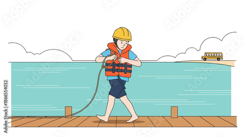 Child Prepares Boat At The Lake Wearing Life Jacket and Helmet Learning Safety