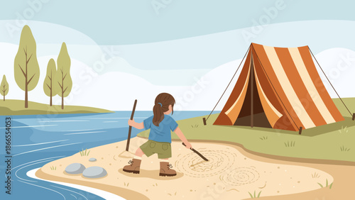 Child Playing On The Beach While Camping By The Water Having Summer Fun