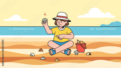 Child Plays Collecting Seashells On Sunny Beach Holiday In Summer Season