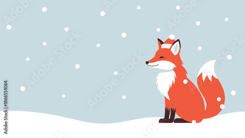 Charming Winter Scene Featuring a Cartoon Fox With a Hat in a Snowfall