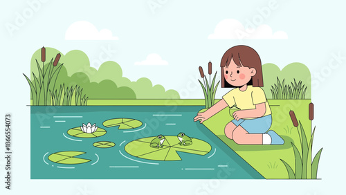 Child Reaching For Frogs On Lily Pad In Pond Vector Illustration