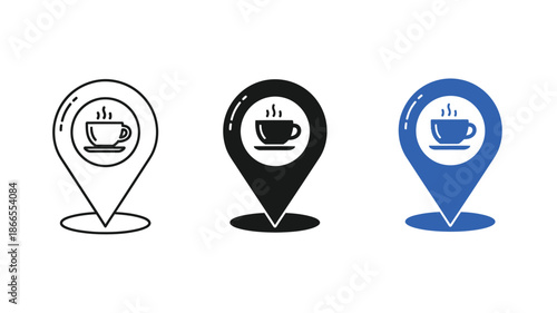 Coffee shop location icons in three color variations a minimalistic silhouette