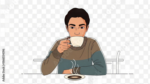 Man sitting at a table drinking coffee from a cup in a casual