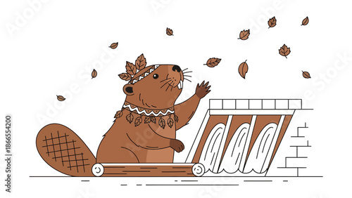 Cheerful Beaver Building a Dam on a River with Autumn Leaves Falling