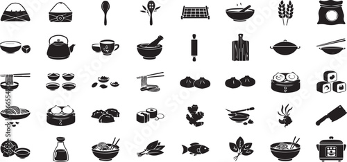 Traditional Asian Cuisine Icons and Oriental Cooking Element Symbols Set for Restaurant Menu and Culinary Branding.