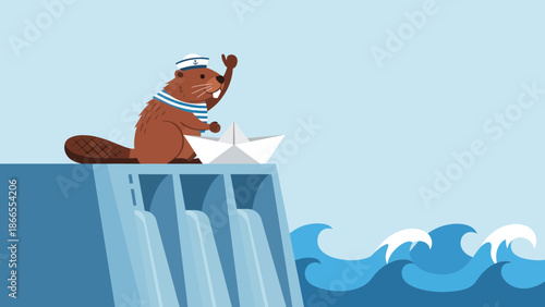 Cheerful Beaver Cartoon Sailor Navigating Paper Boat On A Dam Waterworks