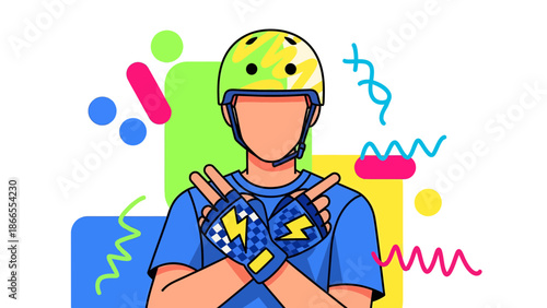 Cheerful Biker With Confident Expression And Modern Abstract Design Elements