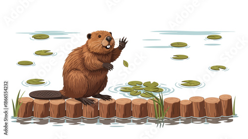Cheerful Beaver Waving Near Pond With Lily Pads And Wooden Logs Fence