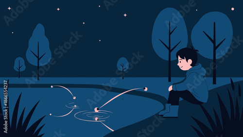 Childish Scene Of A Boy Playing By The Lake At Night Throwing Stones