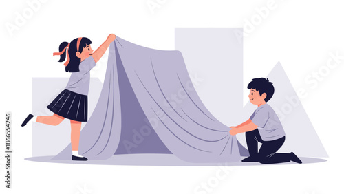 Children Building A Cozy Fort Together Indoor Creative Playtime Activity