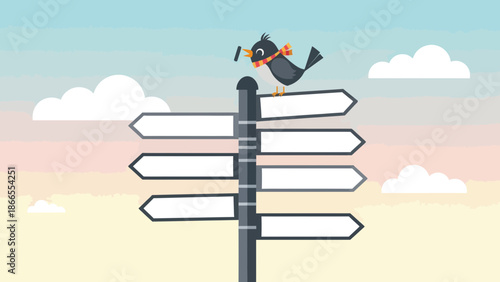 Cheerful Bird Atop Signpost With Various Blank Directional Arrows Under Sky