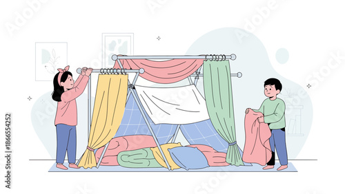 Children Building A Cozy Indoor Fort With Pillows And Blankets In Living Room