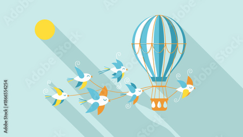 Cheerful Birds Guiding Balloon Adventure Illustration for Kids and Travel Designs