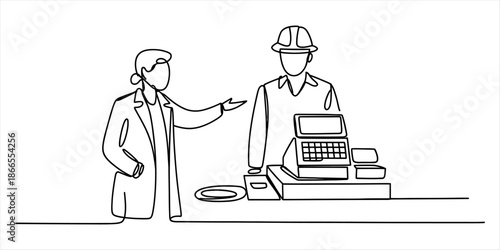 A service worker presenting a cash register setup to a customer Vector, illustration
