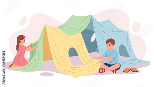 Children Building A Cozy Home Fort Together With Colorful Linens Indoors
